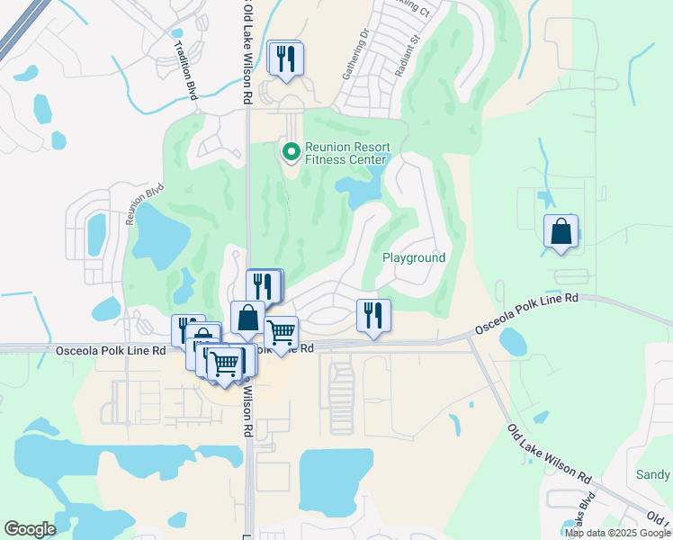 map of restaurants, bars, coffee shops, grocery stores, and more near 7451 Excitement Drive in Osceola County
