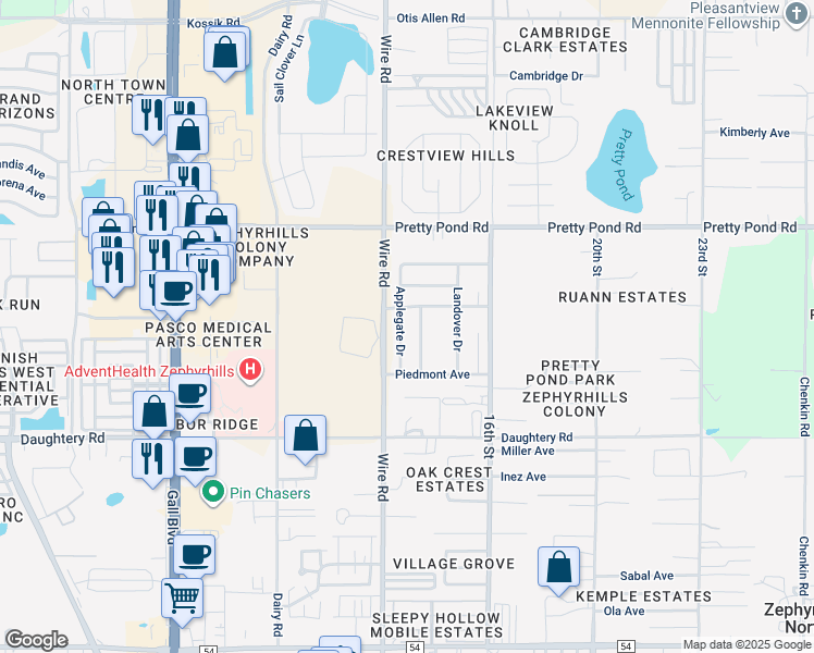 map of restaurants, bars, coffee shops, grocery stores, and more near 7234 Applegate Drive in Zephyrhills