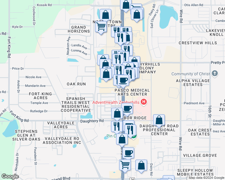 map of restaurants, bars, coffee shops, grocery stores, and more near 37858 Medical Arts Court in Zephyrhills