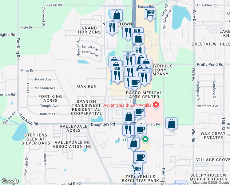 map of restaurants, bars, coffee shops, grocery stores, and more near 37834 Medical Arts Court in Zephyrhills