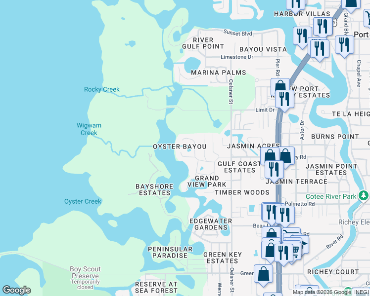 map of restaurants, bars, coffee shops, grocery stores, and more near in New Port Richey