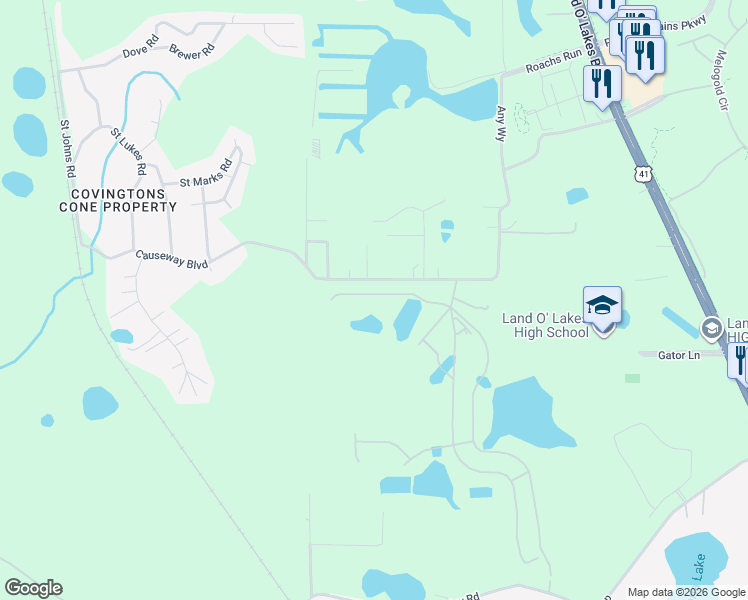 map of restaurants, bars, coffee shops, grocery stores, and more near 19601 Causeway Boulevard in Land O' Lakes