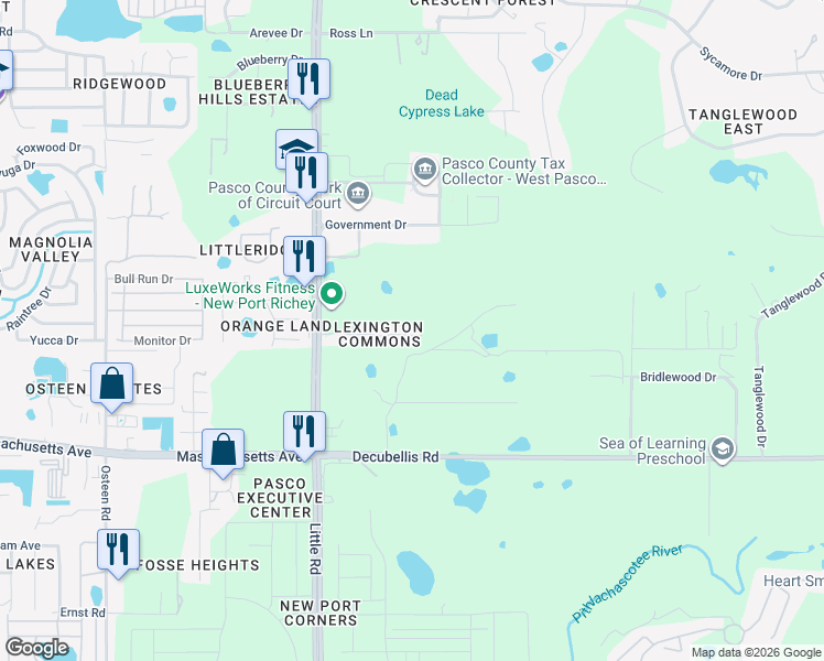 map of restaurants, bars, coffee shops, grocery stores, and more near 8651 Corinthian Way in New Port Richey