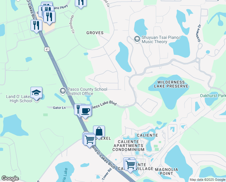 map of restaurants, bars, coffee shops, grocery stores, and more near 7211 Cleopatra Drive in Land O' Lakes