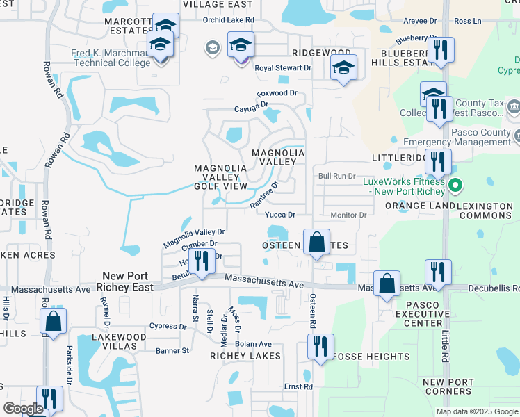 map of restaurants, bars, coffee shops, grocery stores, and more near 7741 Yucca Drive in New Port Richey