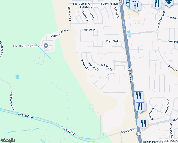 map of restaurants, bars, coffee shops, grocery stores, and more near 141 Barbera Drive in Davenport