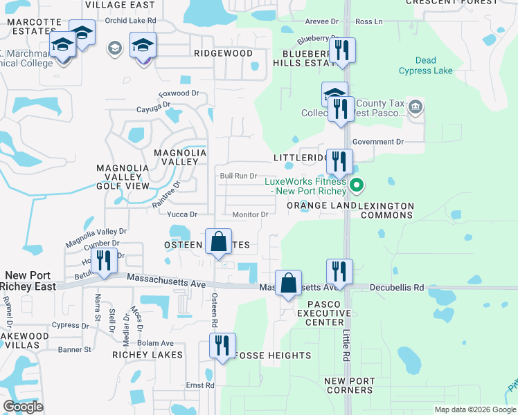 map of restaurants, bars, coffee shops, grocery stores, and more near 8134 Stony Bridge Drive in New Port Richey
