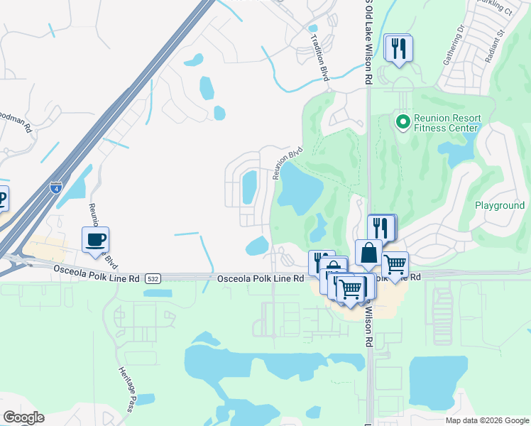 map of restaurants, bars, coffee shops, grocery stores, and more near 1460 Reunion Boulevard in Four Corners