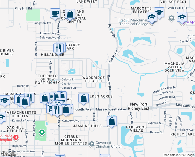 map of restaurants, bars, coffee shops, grocery stores, and more near 7300 Skyview Avenue in New Port Richey