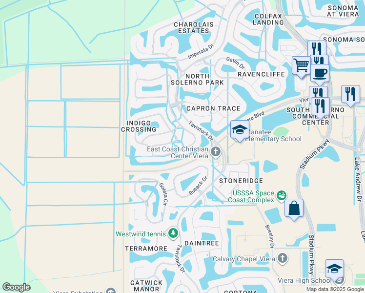 map of restaurants, bars, coffee shops, grocery stores, and more near 5946 Indigo Crossing Drive in Rockledge