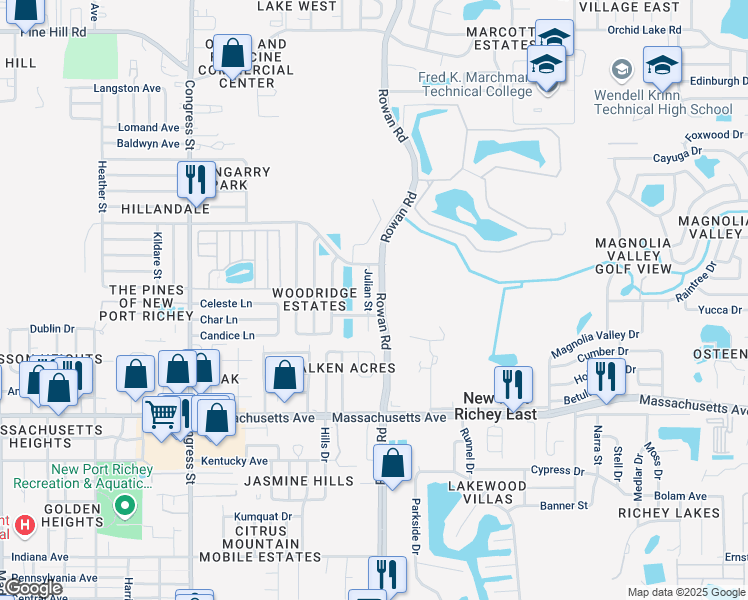 map of restaurants, bars, coffee shops, grocery stores, and more near 7300 Julian Street in New Port Richey