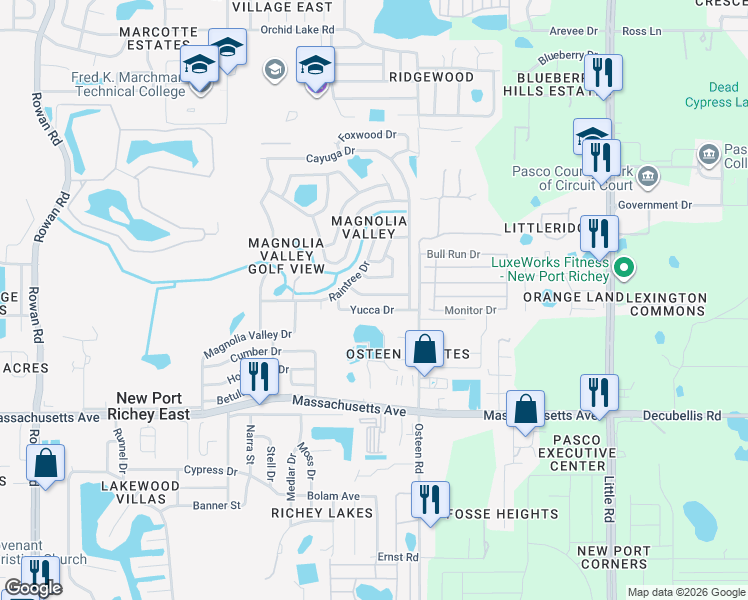 map of restaurants, bars, coffee shops, grocery stores, and more near 7846 Wallaba Lane in New Port Richey