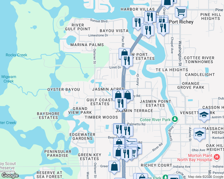 map of restaurants, bars, coffee shops, grocery stores, and more near 7374 Royal Palm Drive in Port Richey