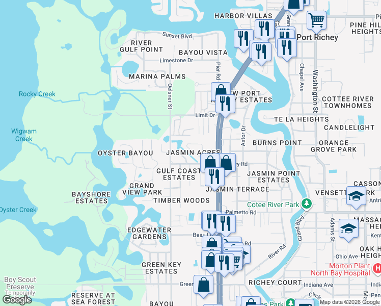 map of restaurants, bars, coffee shops, grocery stores, and more near 7374 Royal Palm Drive in Port Richey