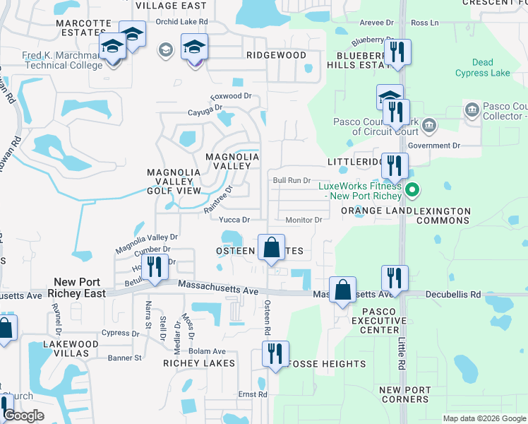 map of restaurants, bars, coffee shops, grocery stores, and more near 7252 Sequoia Drive in New Port Richey
