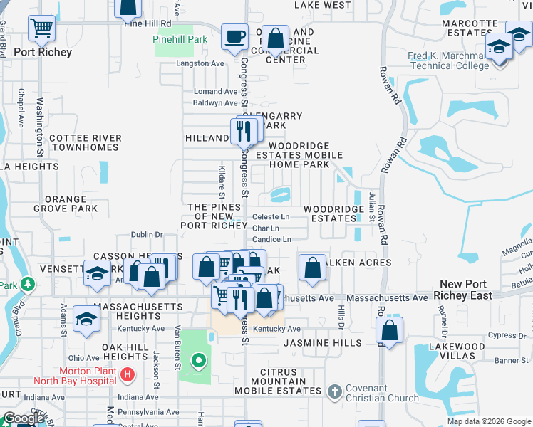map of restaurants, bars, coffee shops, grocery stores, and more near 6607 Celeste Lane in New Port Richey