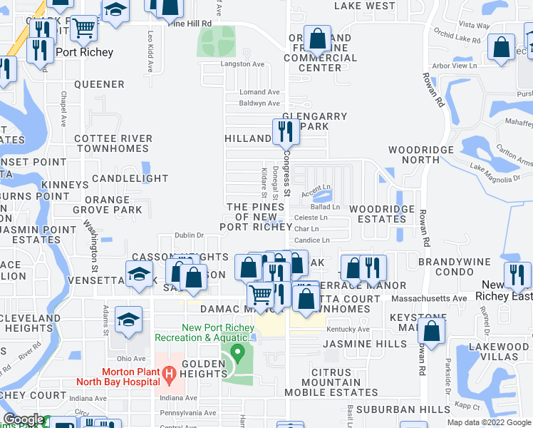 map of restaurants, bars, coffee shops, grocery stores, and more near 6415 Emerson Drive in New Port Richey