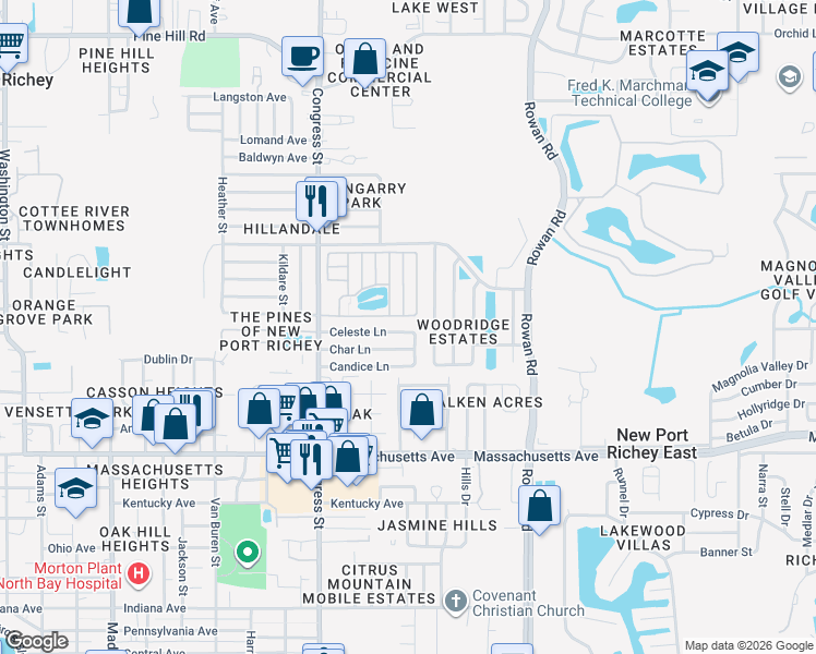 map of restaurants, bars, coffee shops, grocery stores, and more near 6707 Celeste Lane in New Port Richey