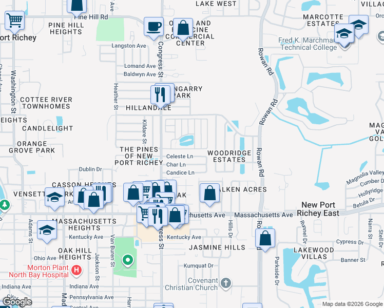 map of restaurants, bars, coffee shops, grocery stores, and more near 6607 Celeste Lane in New Port Richey