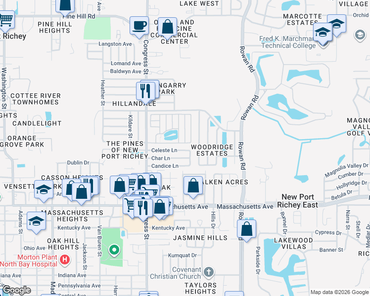 map of restaurants, bars, coffee shops, grocery stores, and more near 6701 Celeste Lane in New Port Richey