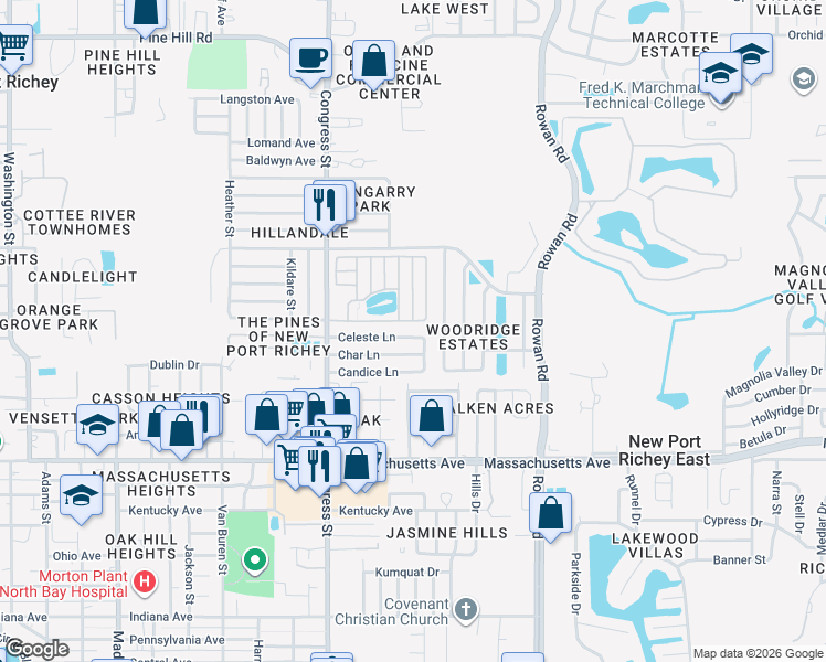 map of restaurants, bars, coffee shops, grocery stores, and more near 6701 Celeste Lane in New Port Richey