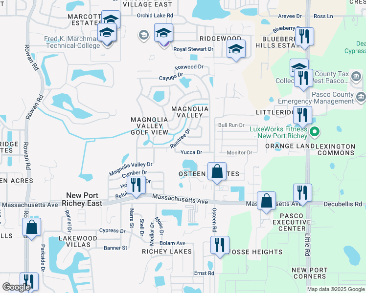 map of restaurants, bars, coffee shops, grocery stores, and more near 7741 Yucca Drive in New Port Richey