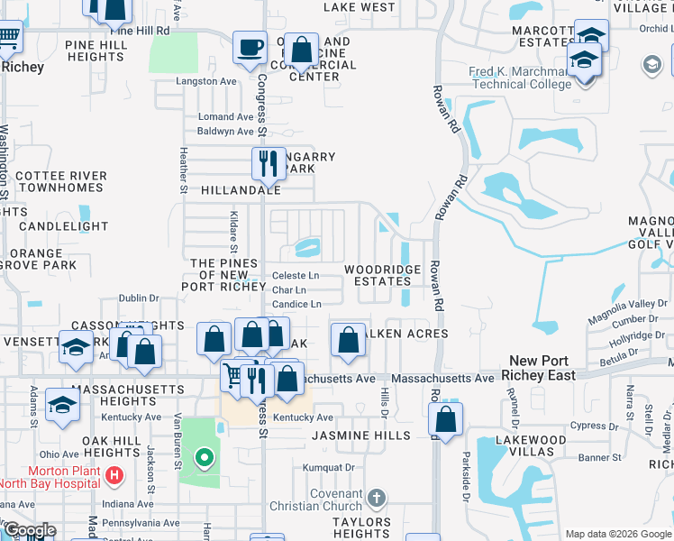 map of restaurants, bars, coffee shops, grocery stores, and more near 6701 Celeste Lane in New Port Richey
