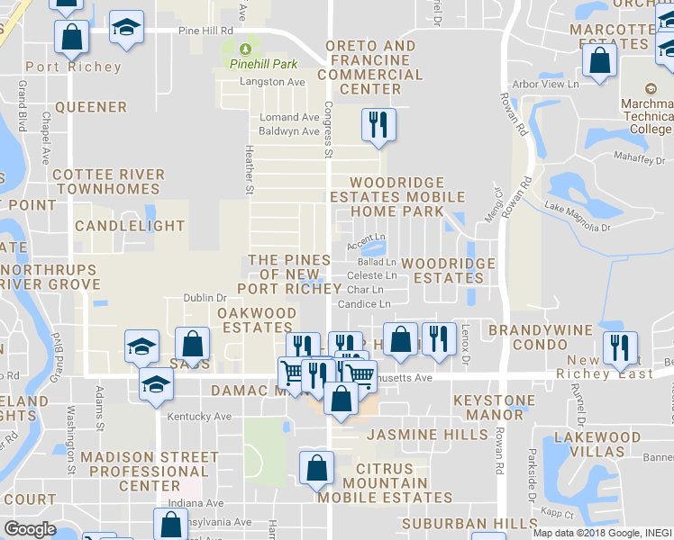 map of restaurants, bars, coffee shops, grocery stores, and more near 6513 Celeste Lane in New Port Richey