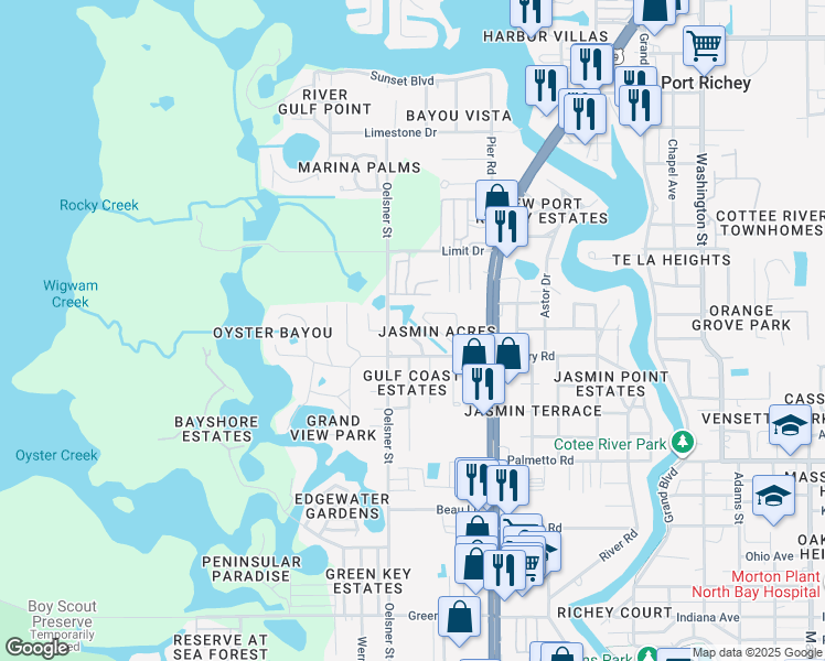 map of restaurants, bars, coffee shops, grocery stores, and more near 5029 Osprey Lane in NEW PRT RCHY
