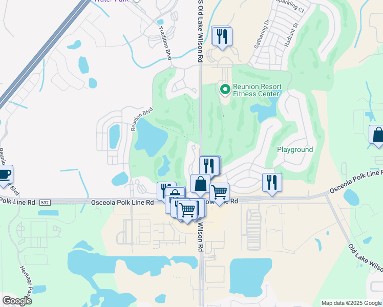 map of restaurants, bars, coffee shops, grocery stores, and more near 7625 Heritage Crossing Way in Kissimmee