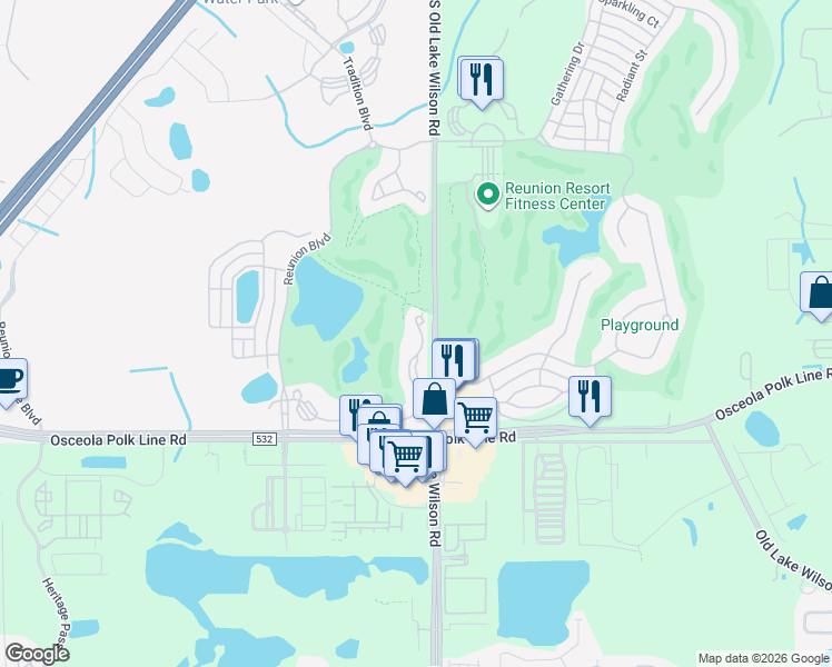 map of restaurants, bars, coffee shops, grocery stores, and more near 7625 Heritage Crossing Way in Kissimmee
