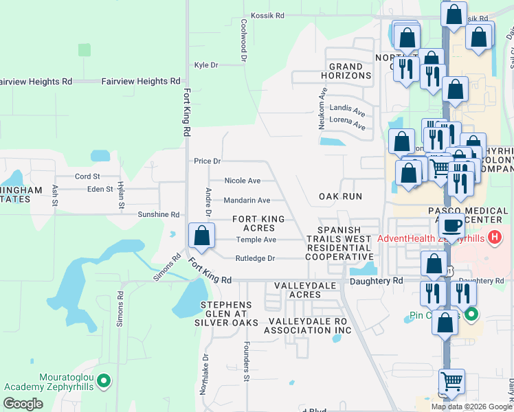 map of restaurants, bars, coffee shops, grocery stores, and more near 37234 Mandarin Avenue in Zephyrhills