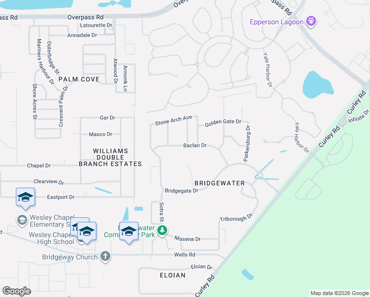 map of restaurants, bars, coffee shops, grocery stores, and more near 31054 Baclan Dr in Wesley Chapel
