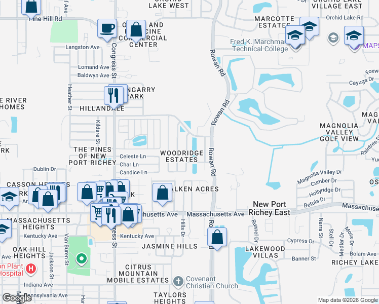 map of restaurants, bars, coffee shops, grocery stores, and more near 7306 Skyview Ave in New Port Richey