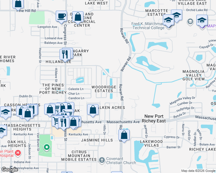 map of restaurants, bars, coffee shops, grocery stores, and more near 7306 Skyview Avenue in New Port Richey