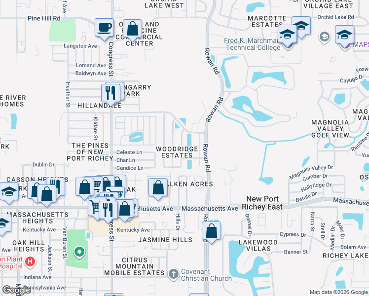 map of restaurants, bars, coffee shops, grocery stores, and more near 7300 Skyview Avenue in New Port Richey