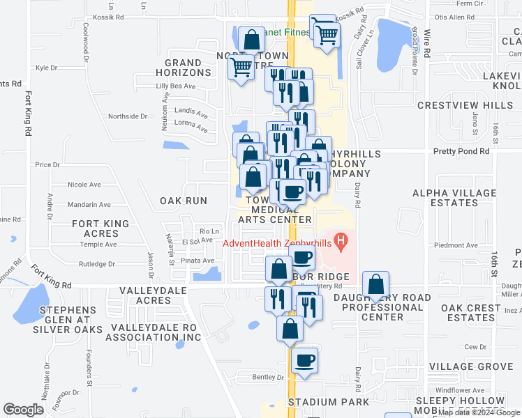 map of restaurants, bars, coffee shops, grocery stores, and more near 37902 Medical Arts Court in Zephyrhills