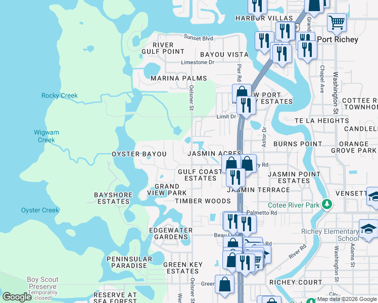 map of restaurants, bars, coffee shops, grocery stores, and more near 7305 Janczlik Drive in New Port Richey