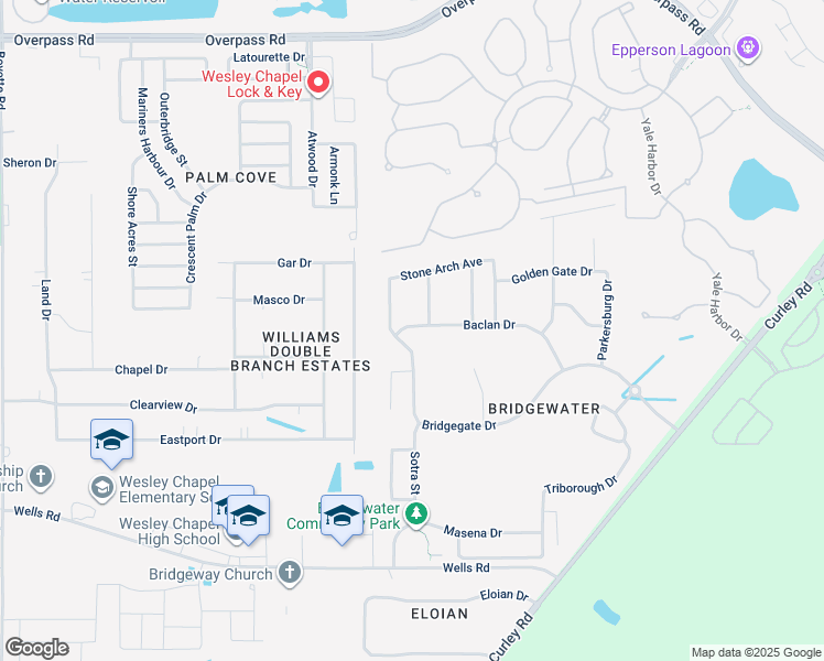 map of restaurants, bars, coffee shops, grocery stores, and more near 30936 Baclan Drive in Wesley Chapel