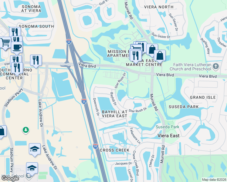 map of restaurants, bars, coffee shops, grocery stores, and more near 2514 Bayhill Drive in Melbourne