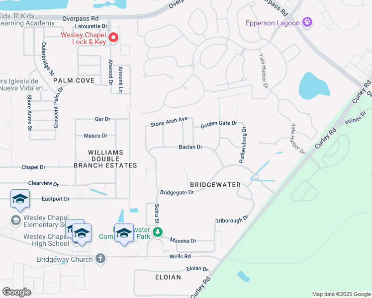 map of restaurants, bars, coffee shops, grocery stores, and more near 31114 Baclan Drive in Wesley Chapel