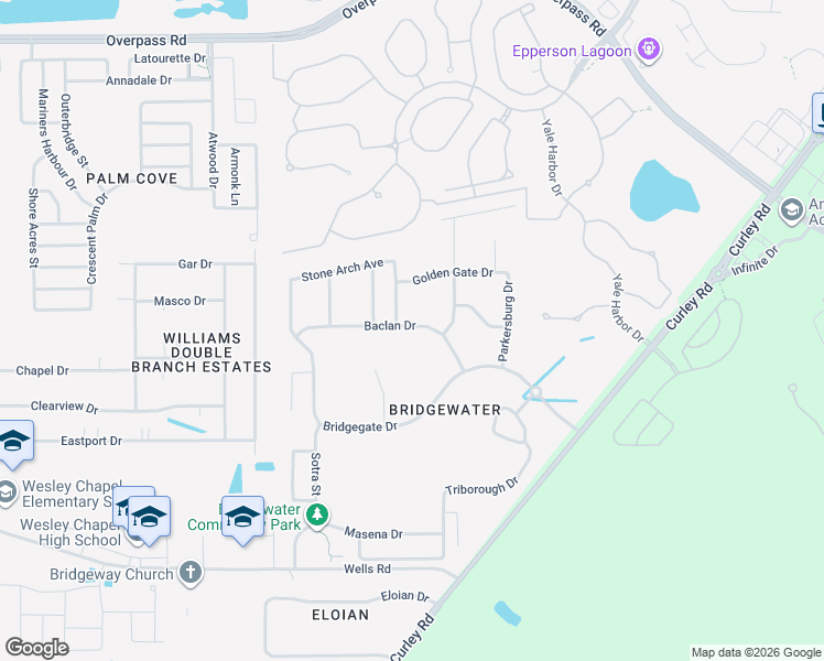 map of restaurants, bars, coffee shops, grocery stores, and more near 31202 Baclan Drive in Wesley Chapel