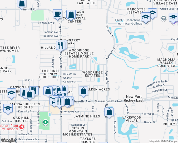 map of restaurants, bars, coffee shops, grocery stores, and more near 7309 Ashmore Drive in New Port Richey