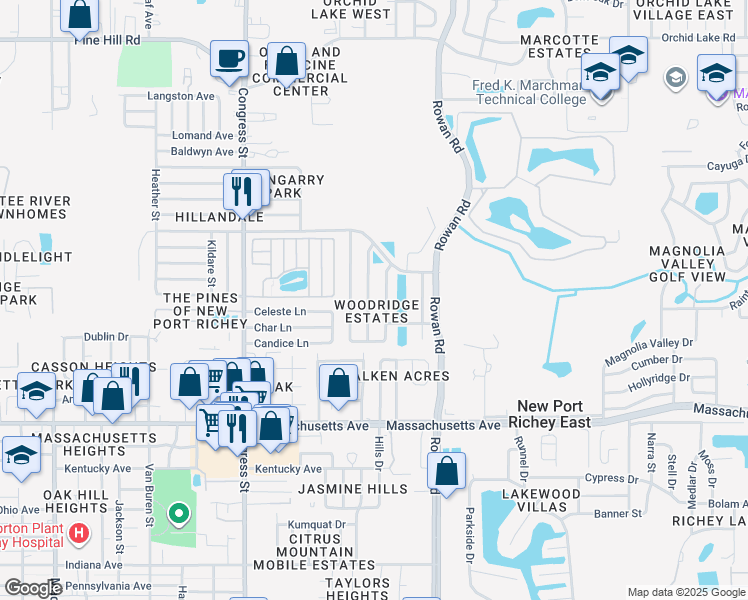 map of restaurants, bars, coffee shops, grocery stores, and more near 7308 Ashmore Drive in New Port Richey