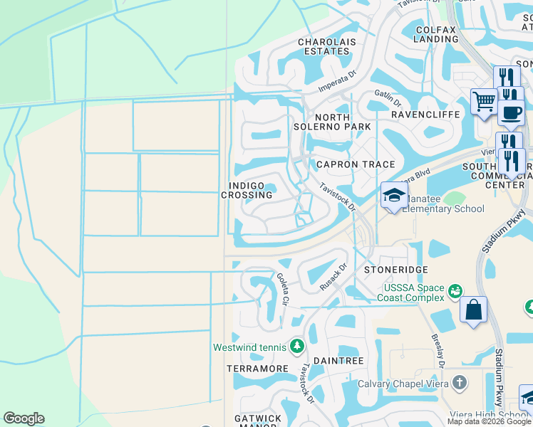 map of restaurants, bars, coffee shops, grocery stores, and more near 5259 Duskywing Drive in Rockledge