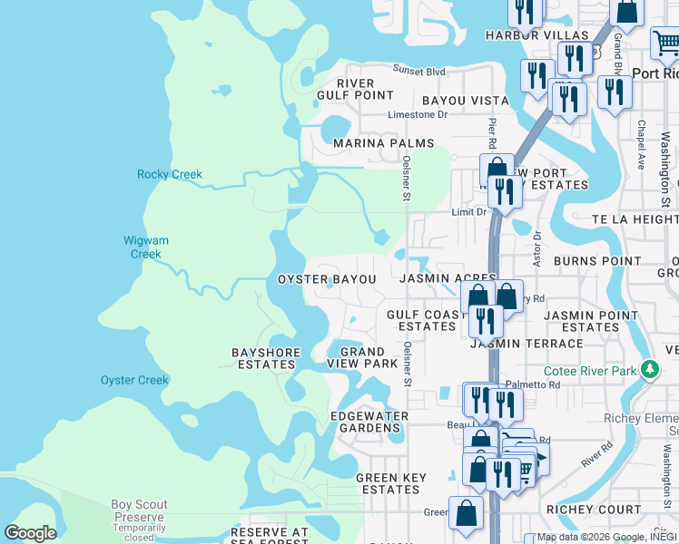 map of restaurants, bars, coffee shops, grocery stores, and more near in New Port Richey