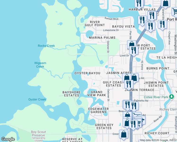 map of restaurants, bars, coffee shops, grocery stores, and more near in New Port Richey