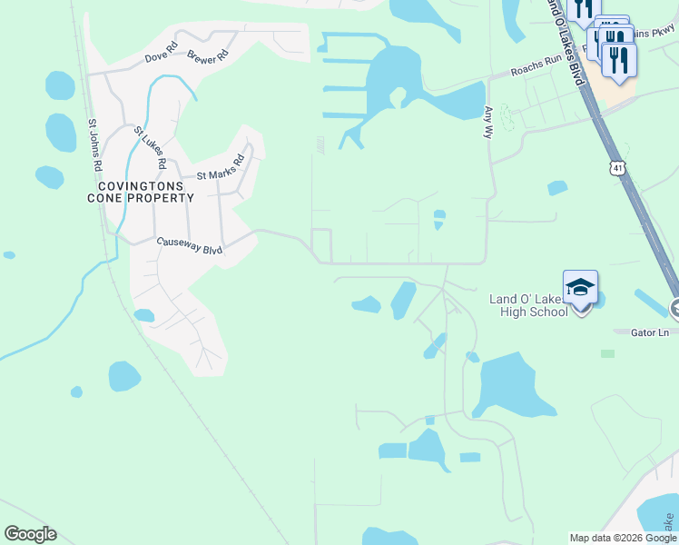 map of restaurants, bars, coffee shops, grocery stores, and more near 19525 Causeway Boulevard in Land O' Lakes