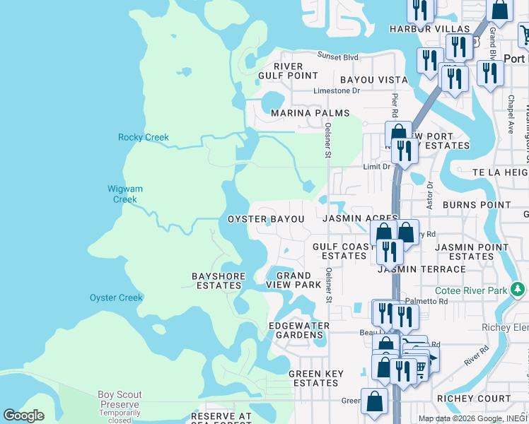 map of restaurants, bars, coffee shops, grocery stores, and more near in New Port Richey