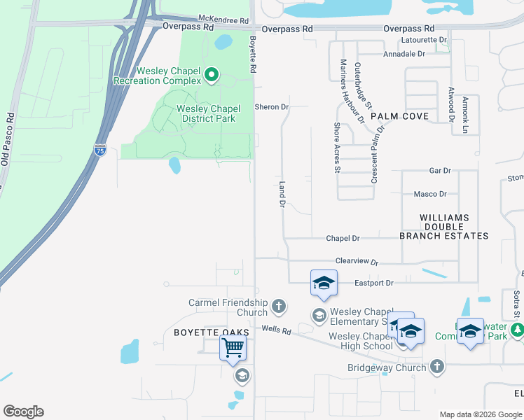 map of restaurants, bars, coffee shops, grocery stores, and more near 7308 Boyette Road in Wesley Chapel